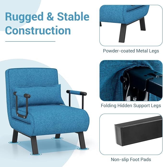 HOMGX 4-in-1 Convertible Sofa Chair Bed Leisure Recliner Sleeper w/ 6 Adjustable Position Backrest Lounge Seat Folding Sofa Bed w/High Elastic Sponge Ideal for Home Office (Blue)