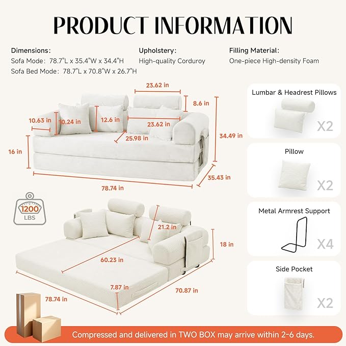 79 Corduroy Sofa Bed Sleeper Couch 6-in-1 Convertible Boneless Floor Futon Loveseat High-Density Foam Couch in a Box with 2 Headrest Pillows No Assembly Beige