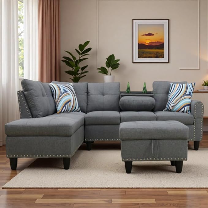 L-Shaped Sectional Sofa with Movable Chaise &amp Storage Ottoman Lounge 3-Piece Modular Convertible Couches for Living Room Apartment &amp Office Dark Grey