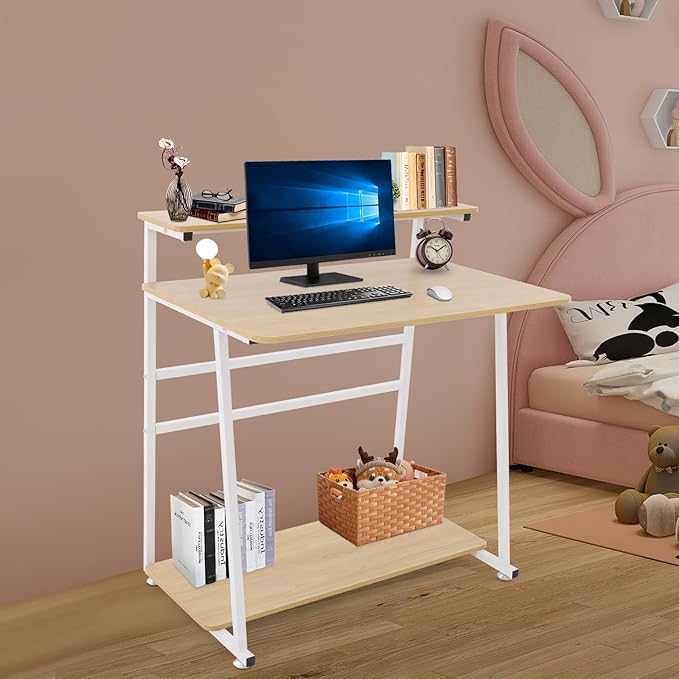 Home Office Desk3 Tier Rolling Computer Desk36inch Modern Home Desk Computer Desk Writing Table with Under Desk Storage Shelves for Home Office Study Bedroom (White+Log Color)