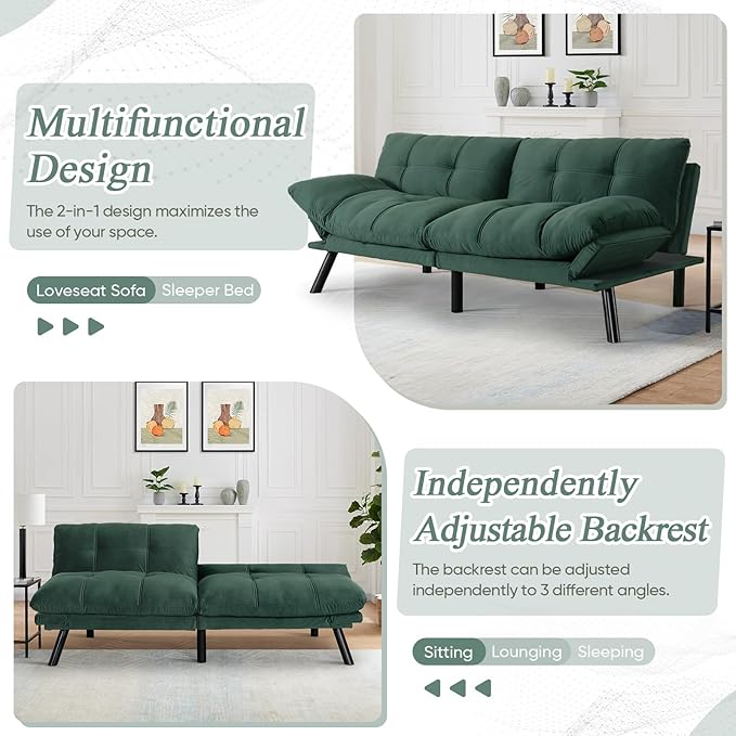 Convertible Velvet Futon Sofa Bed Comfy 72 L Sleeper Couch with Thicker Cushion Upholstered Modern Reclining Loveseat Folding Sofa for Small Living Room Dorm Apartment Office Emerald