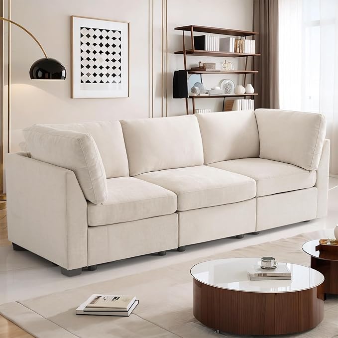Oversized Modular Sectional Fabric Sofa Set Large L Shaped Mordern Sofa Couch Reversible Chaise Modular Sectional Couches 96 inch Width3 Seat Modular Sofas BeigeLinen
