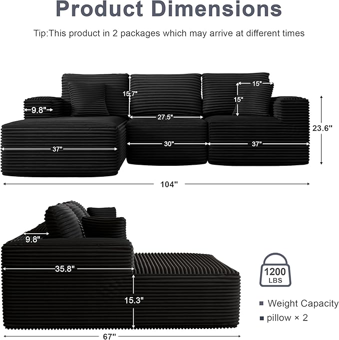 104 Modular Sectional Sofa with L-Shape Chaise Modern Upholstered Cloud Couches for Living Room Bedroom No Assembly Required Black