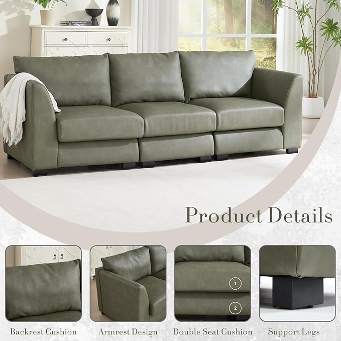 HEAH-YO 91 Inch Modular Sectional Sofa 3-Seater Sectional Couch with High Density Foam Comfy Cloud Couch for Living Room PU Green