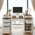 59-inch Farmhouse Home Office Desk with Charging Station – Wooden Office Study Desk with File Drawers and Storage Cabinet Barn Door Design Computer Desk for Study Living Room or Office (White)