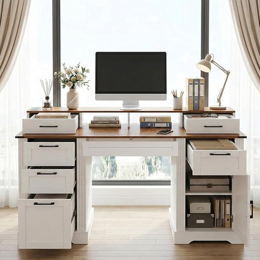 59-inch Farmhouse Home Office Desk with Charging Station – Wooden Office Study Desk with File Drawers and Storage Cabinet Barn Door Design Computer Desk for Study Living Room or Office (White)