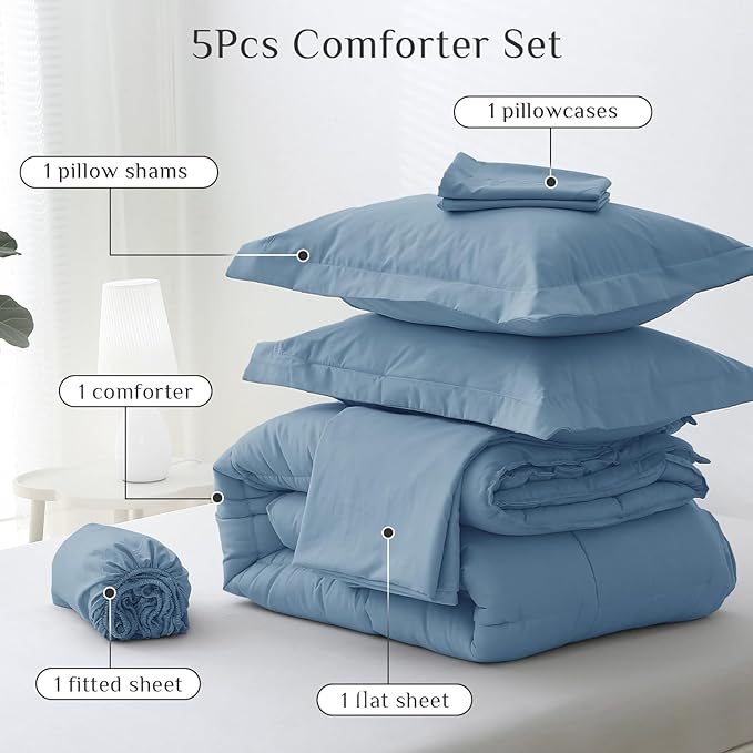 JOLLYVOGUE Twin Comforter Set Ultra-Soft Bed in a Bag Twin Size 5 Pieces Oeko-TEX Certified Bedding Set with Down Alternative Comforter Sheets Pillowcases &amp Shams Dusty Blue