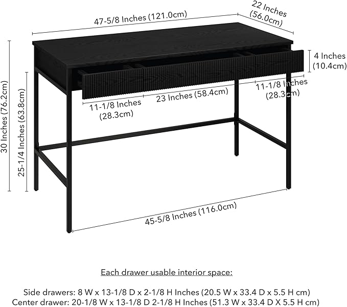 Henn&ampHart 48 Fluted Mid-Century Modern Rectangular Wooden Home Office Desk Computer Desk Writing Table with 3 Ribbed Storage Drawers for Bedroom Living Room or Home Office Ebony
