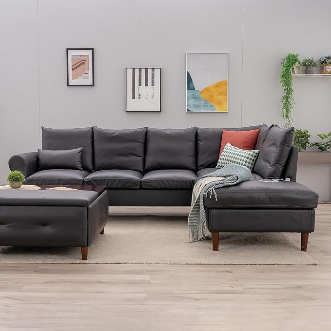 Panana Upholstered Sofa Couch Linen Fabric/Artificial Leather L Shaped Corner Sectional Modern Living Room Sofa (Black Faux Leather 6 seat Right Corner with Built-in USB Port)