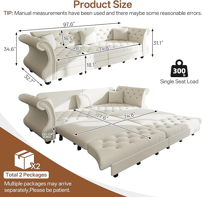 97.6'' King Size Pull Out Sofa Bed Velvet 3-in-1 Convertible Sleeper Sofa Bed Chesterfield Rolled Arm Flower Tufted Oversized Deep Seat Loveseat Sofa for Living Room Apartment Beige | Breathable