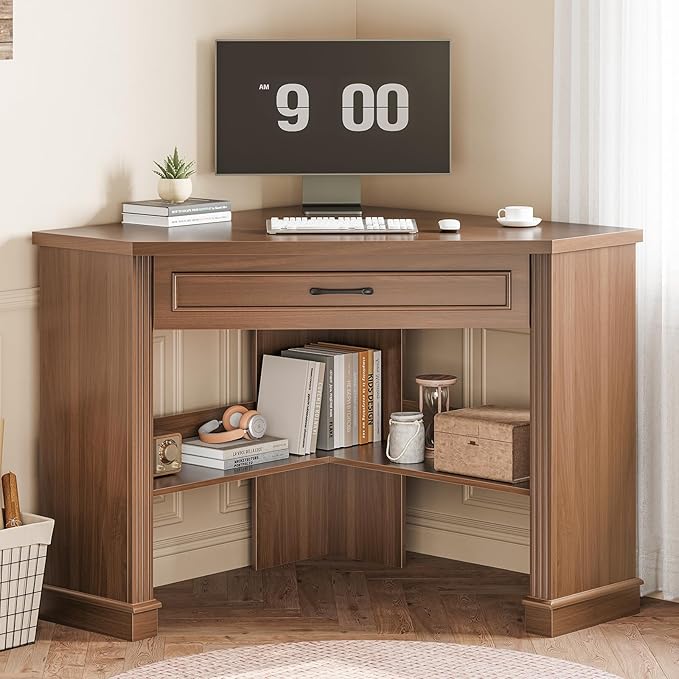 SEDETA Corner Desk for Small Space Corner Computer Desk Small Computer Desk with Drawers and Storage Shelves for Home Office Living Room Bedroom Brown