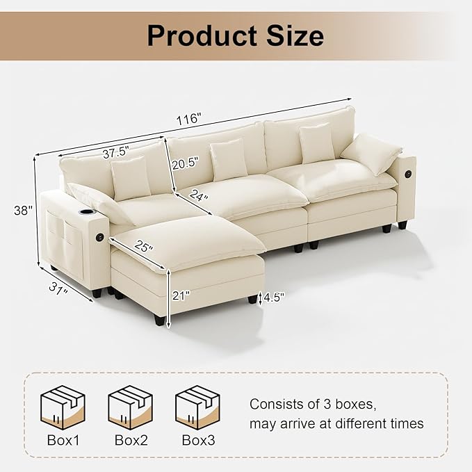 116 Modular Sectional Sofa L Shaped Cloud Couch with Movable Ottoman Chenille Deep Seat Cloud Sofa with Charging Station Cup Holder Side Pocket Sectional Couches for Living Room Beige
