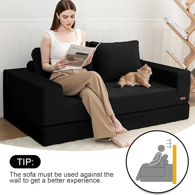 COMAX Convertible Sofa Bed Queen Corduroy Folding Floor Couch Pull Out Couch Bed Futon Sleeper with Pillows Fold Out Boneless Sofa Comfy Lounge Mattress Loveseat for Living Room Bedroom Black