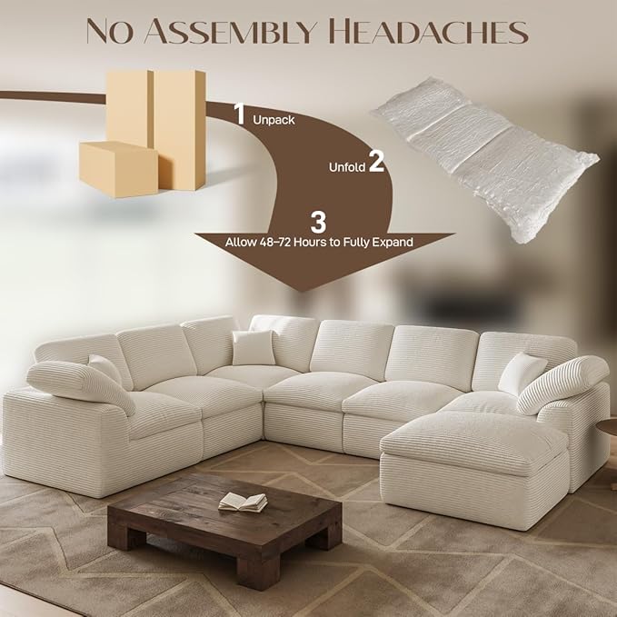 Cloud Sectional Couches for Living Room 7 Seater Cloud Modular Couch L Shaped Corduroy Sectional Sofas with Ottoman Boneless Comfy Sofa for Apartment No-Assembly Cream