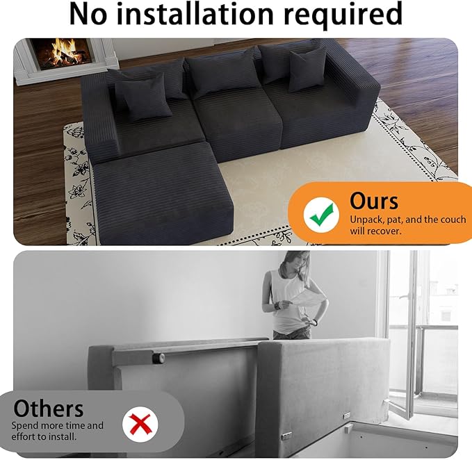 Modular Sectional Sofa CouchOversized Cloud with Deep Seat CouchesBoneless Compression Foam Sofa with Pillows for Living Room/Apartment/Bedroom (Grey 4 Seater with 1 Ottoman)