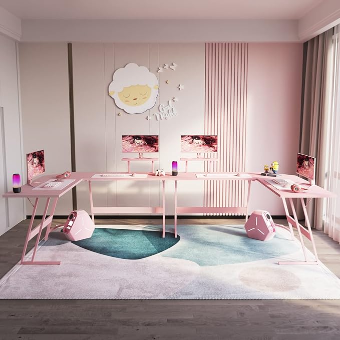 Homall Pink L Shaped Gaming Desk Computer Corner PC Desk Table with Large Monitor Stand for Home Office Studying Writing Workstation Gift for Girls and Women (Pink 57 Inch)