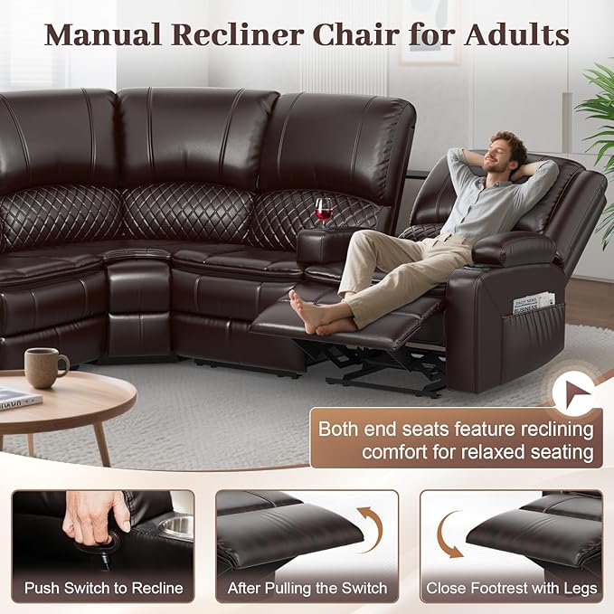 Manual Reclining Sectional Sofa Set 4 Seats Soft Leather Recliner Corner Sectional Couch Family-Sized L-Shaped Recliner Couch with USB Charging Thickened Padding Sturdy Frame Brown