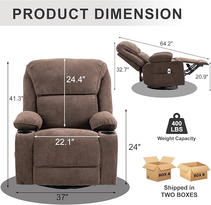 Rocker Recliner Chair with Massage and Heated 360°Swivel Rocking Manual Recliner Chairs with Cup Holders Remote Control for Living Room (Brown)