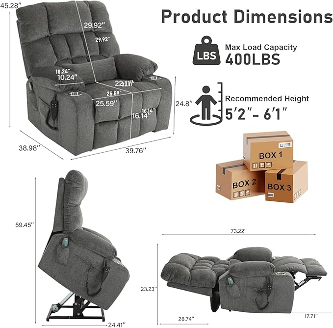 Oversized Power Recliner Chair for Big and Tall 400 LBS 25.5 Extra Wide Electric Lift Chair with Heat and Massage Dual Motor 180° Lay Flat Recliner Living Room Sofa Chenille Big Lift Chair