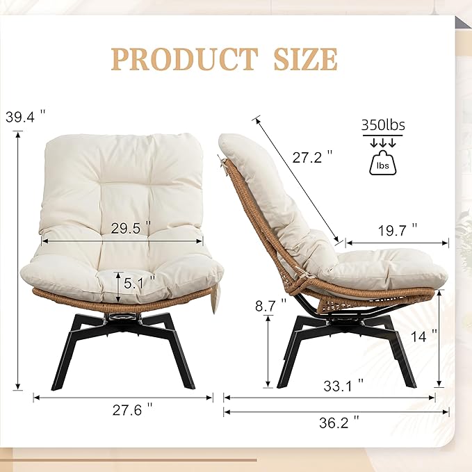 Vongrasig 360 Degree Swivel Wicker Accent Chair Modern Soft Thick Cushion Rattan Lounge Chair High Capacity Steel Frame Comfy Corner Reading Chair for Living Room Bedroom Dorm Rooms (Beige)