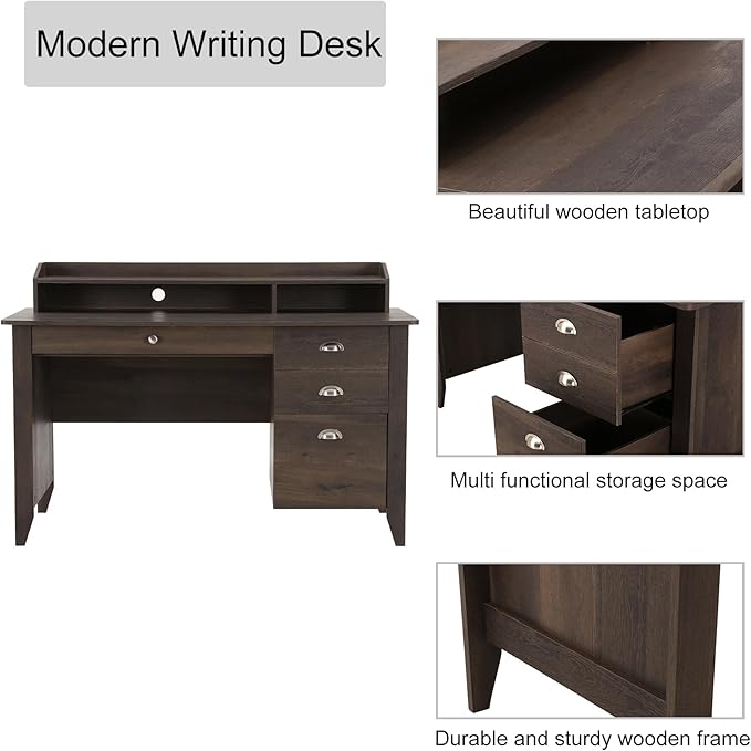 LOKATSE HOME Executive Computer Wood Desk with Drawers Home Office Writing Study Desks with Hutch