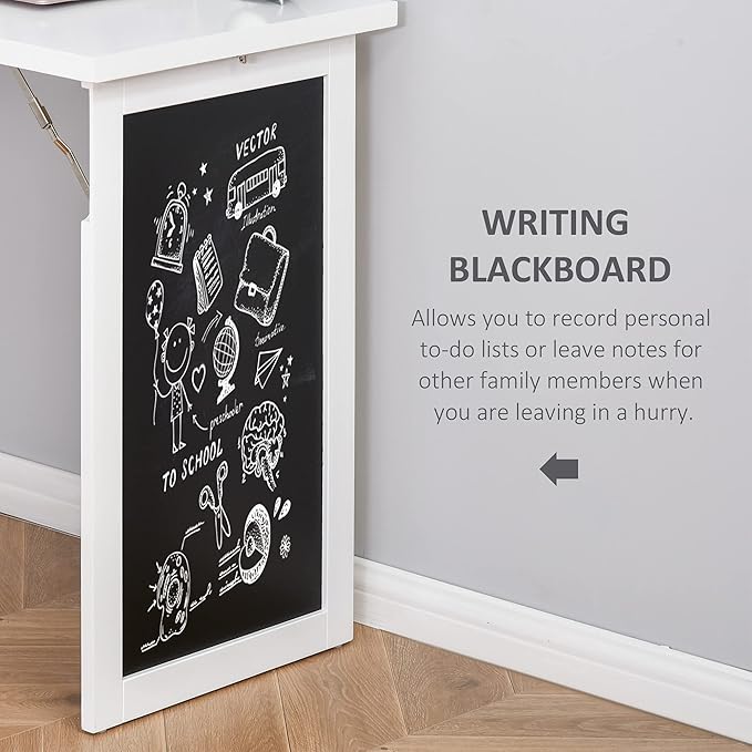 Folding Wall Mounted Desk with Storage Expandable Hidden Computer Desk Foldable Space-Saving Pull Out Murphy Table Writing Table with Blackboard for Home Office Bedroom Small Spaces (White.)