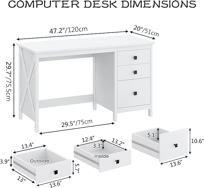 JSB 47.2'' White Computer Desk for Home OfficeFarmhouse Executive Desk with 3 File DrawersStudy Writing Table Storage CabinetMakeup Vanity Desk for Bedroom (White 47.2in)
