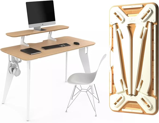 HOEK Modern Collapsible Work from Home Desk Bundle Durable Laminate Surface Portable Folding Computer Desk with 47.5 x 23 Easy Tool-Free Assembly Compact Study and Office Table (Birch/White)