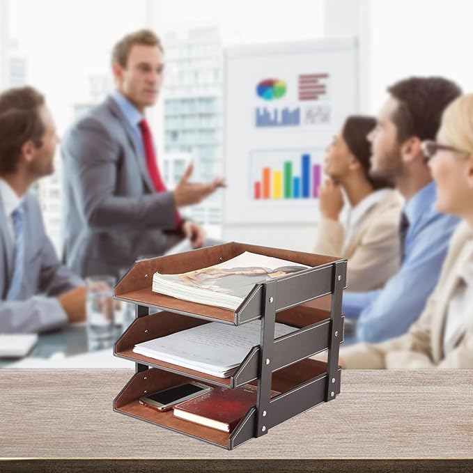 Very Sturdy 3 Tier Leather Desk File Rack for Office Supplies/Stationery/FolderStackable Letter Tray OrganizerDocument Filing Organizer Holder for Desktop Storage (Brown)…