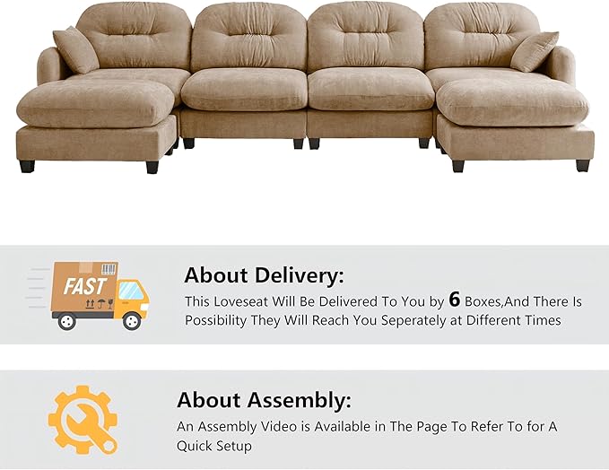 mikibama 140 Chenille Cloud Sofa 4 Seater Couch with OttomansModern Modular Sectional U-Shaped Cloud Sofas with Deep SeatU Shape Couch with Chaise LoungesCurved Arms for Living Room(Camel4S+2O)