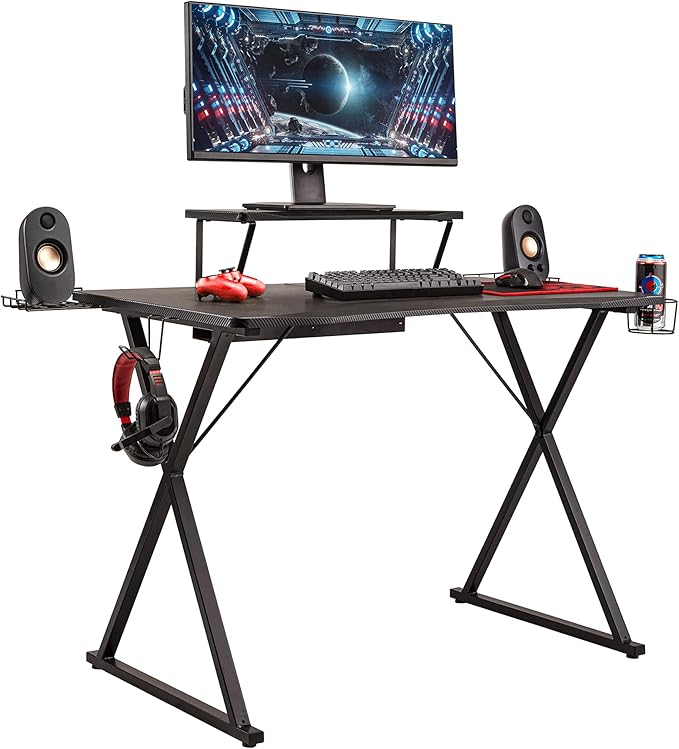 Seville Classics airLIFT Computer Writing Desk w/ Headset Cup Speaker Holders Monitor Riser Table Modern Work for Home Office Workstation Black 42 Carbon Fiber X Frame