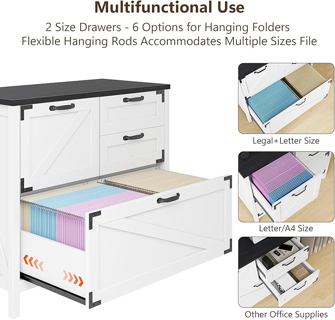 Lateral File Cabinet with 4 Drawers Farmhouse File Cabinet for Letter/Legal/A4 Size Hanging Files Large Wood File Storage Cabinets Printer Stand for Home Office Cabinet White and Black