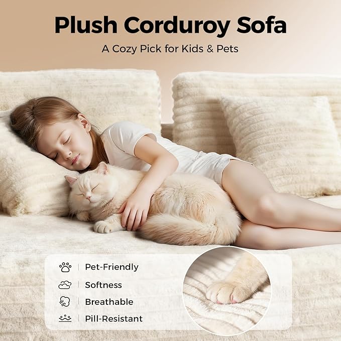 108” Cloud Sectional Couch in One Box Compressed Modular Sectional Sofa with Deep Seat Corduroy Boneless Couches L-Shaped Sofa for Living Room 4 Storage Pockets(Left Facing Chaise Beige)