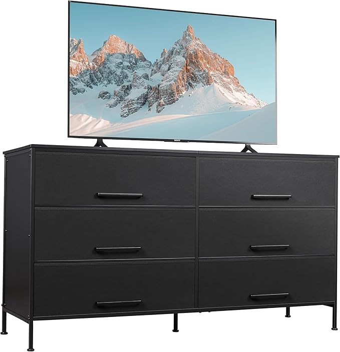 WLIVE Black TV Stand for 60 65 70 inch TV Large Entertainment Center with 6 Fabric Drawer TV Media Console Table with Wood Top Adjustable Feet for Living Room Hallway
