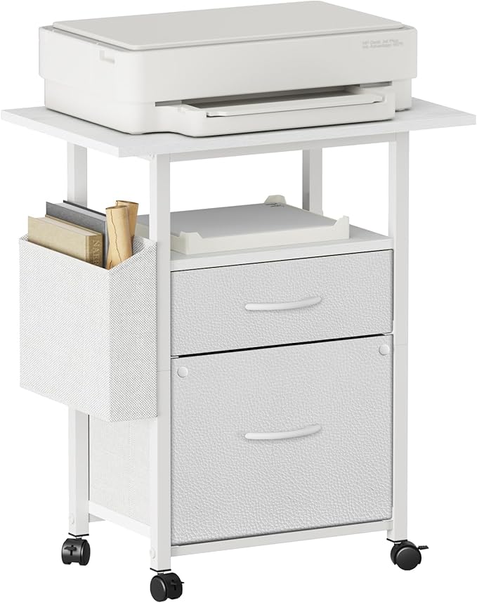 GYIIYUO 2 Drawer File Cabinet with 24'' Extended Desktop Mobile Filing Cabinet Rolling File Cabinet with Side Bag Fabric Drawer Fits A4/Letter Size Printer Stand Home Office White