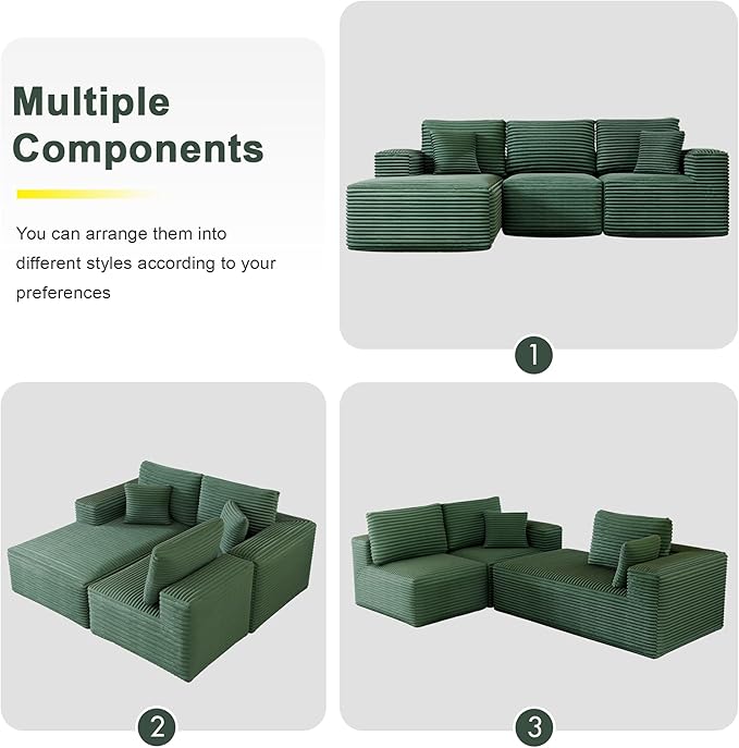 104 Modular Sectional Sofa with L-Shape Chaise Modern Upholstered Cloud Couches for Living Room Bedroom No Assembly Required Green