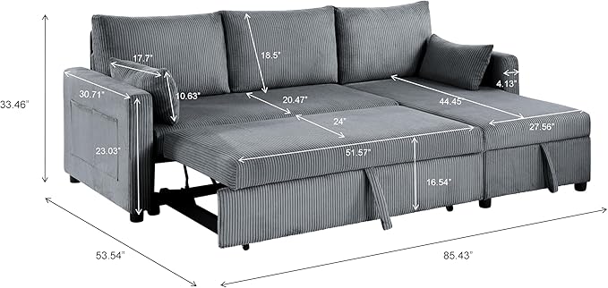 Queen Sleeper Sofa Convertible Sofa Bed with Storage 85 Inch Sectional Couch with Pull Out Bed L Shaped 3 Seat Sectional Sleeper Sofa for Living Room Apartment Grey