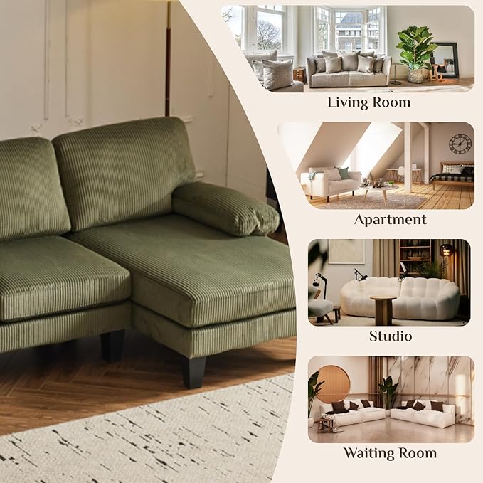 Karl home U-Shape Sectional Sofa Couch 111 Modern 4-Seat Sofa with Chaises Corduroy Fabric Upholstered Covertible Couch with Wood Grain Legs for Living Room Reception Room Apartment Green