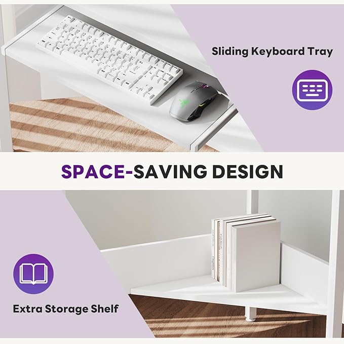DUMOS Conner Desk Home Office Computer Desk for Small Space with LED Lights Gaming Table with Storage Shelves Power Outlets Monitor Stand Keyboard Tray for Bedroom White
