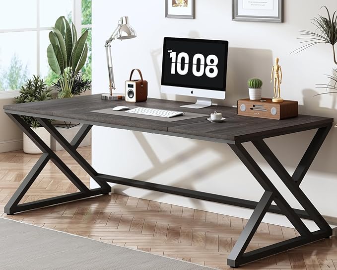 HSH Large Rustic Computer Desk Industrial Extra Long Home Office Desk Modern Pc Study Gaming Writing Table for Two Person Workstation Executive Desk for Home Bedroom Living Room Dark Gray 70 Inch