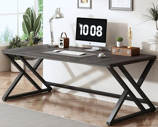 HSH Large Rustic Computer Desk Industrial Extra Long Home Office Desk Modern Pc Study Gaming Writing Table for Two Person Workstation Executive Desk for Home Bedroom Living Room Dark Gray 70 Inch