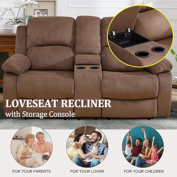 Manual Recliner Loveseat Sofa Reclining Couch with Cup Holders2 Seats Loveseat with Storage Console for Living Room/Office/Lounge/Club/Rv Car（Brown Velvet2 Seater Loveseat）