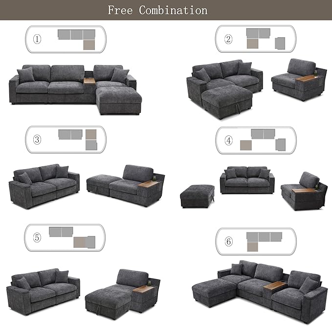 120.3 Modular Sectional SofaL-Shaped Oversized Couch for Living RoomComfy Cloud Couch Set with Drop Down Table360-degree Swivel TrayCup HoldersUSB ChargerGray