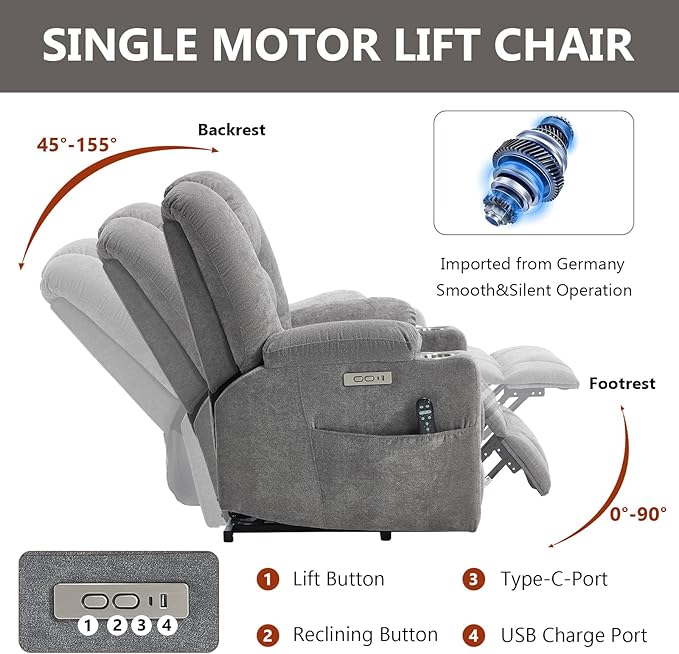 Power Lift Chair with Massage &amp Heat Electric Recliner Chairs for Adults Remote Control Sofa for Living Room Standing Assistance USB Ports Stainless Steel Cup Holders (Light Grey)