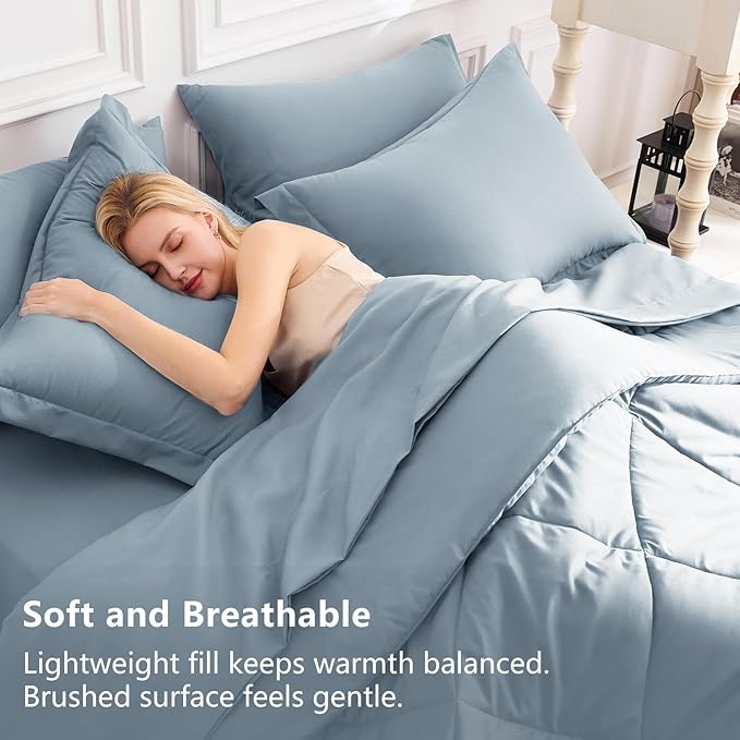CozyLux Oversized Queen Comforter Set Dusty Blue 7 Pieces Bed in a Bag Comforter Set with Sheets Luxury Bed Set All Seasons Bedding Set with Down Alternative Comforter Sheets Pillowcases &amp Sha