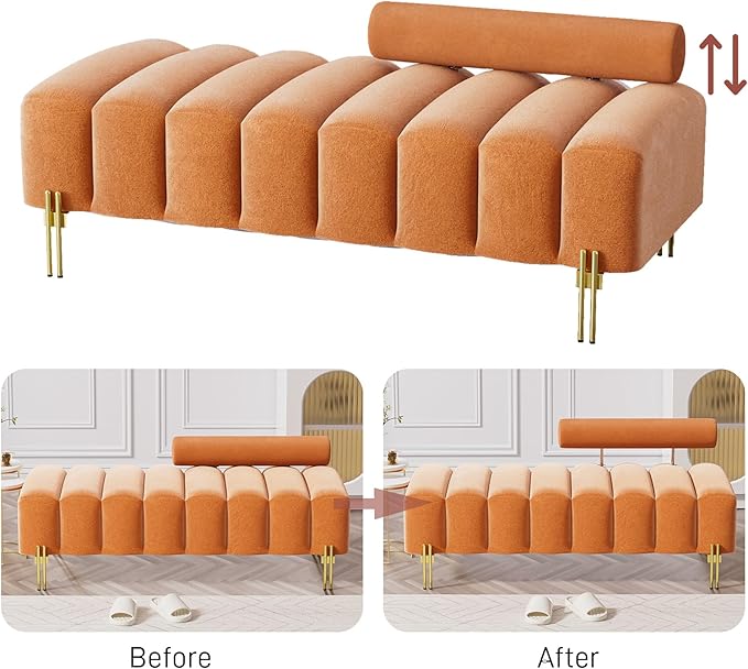 Small Loveseat Sofa Couch 52.2 Modern Velvet Mini Sofa for Bedroom Golden Legs Channel Tufted Settee Loveseat with Adjustable Back for Living Room Apartment Compact Small Space Orange