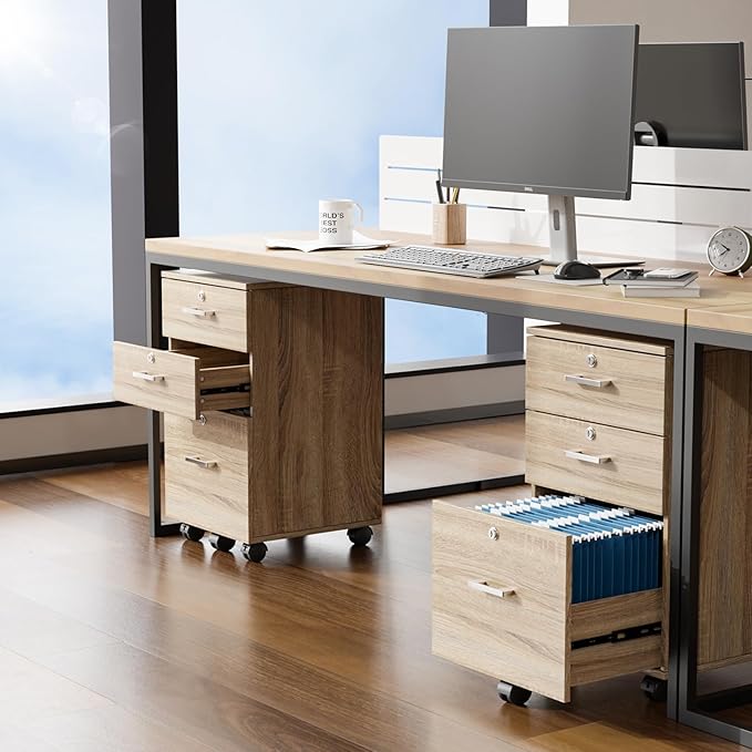 VINGLI 3-Drawer File Cabinet with Lock Wood Rolling Filing Cabinets for Home Office Mobile Printer Stand Under Desk File Organizer for Letter Sized Files 26 H(Caster Included) Oak