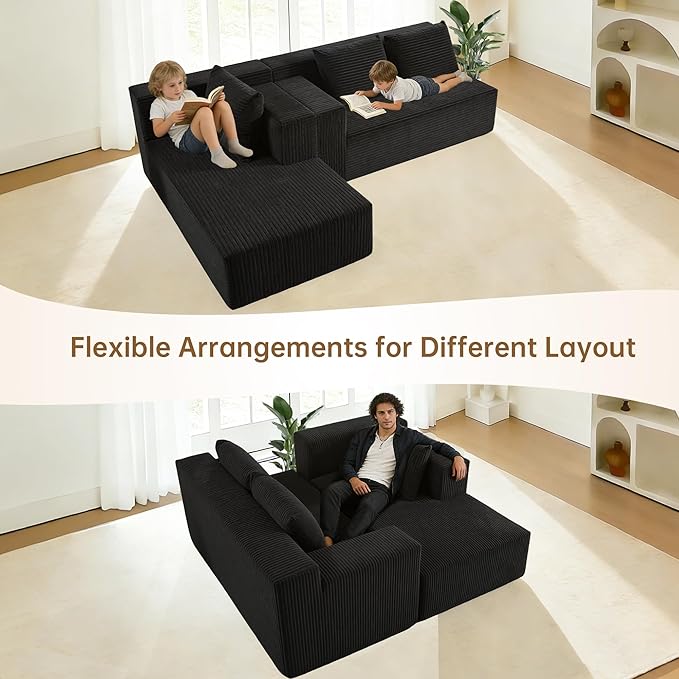 103 Cloud Sectional Sofa Boneless L-Shape Couch with Chaise Modern Minimalist Modular Couch for Living Room Free Combination Deep Seat No Assembly Required Premium Corduroy Black R