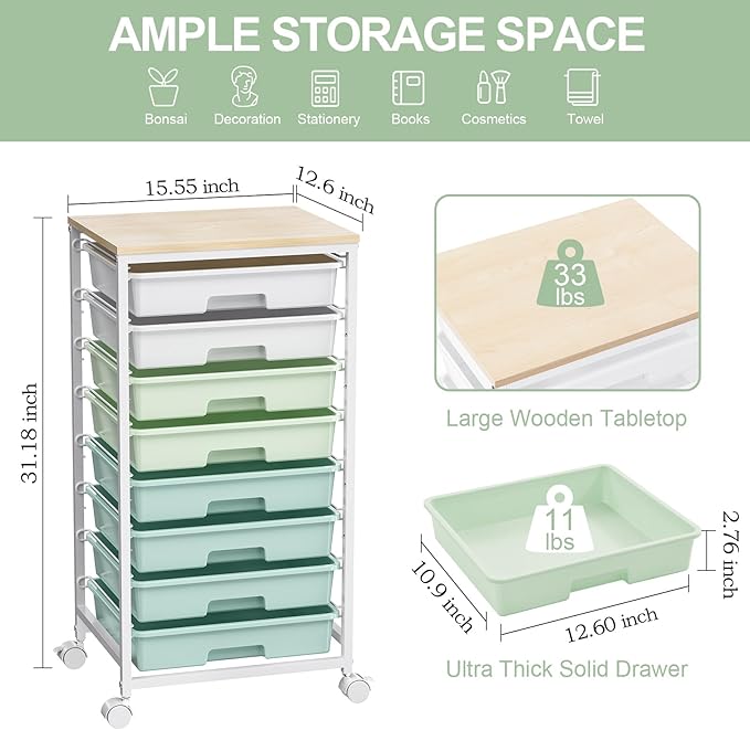 Rolling Storage Utility Cart Organizers with 8 Drawers and Wooden Tabletop for Living RoomOfficeClassroomCraft RoomBedroomDormGreen