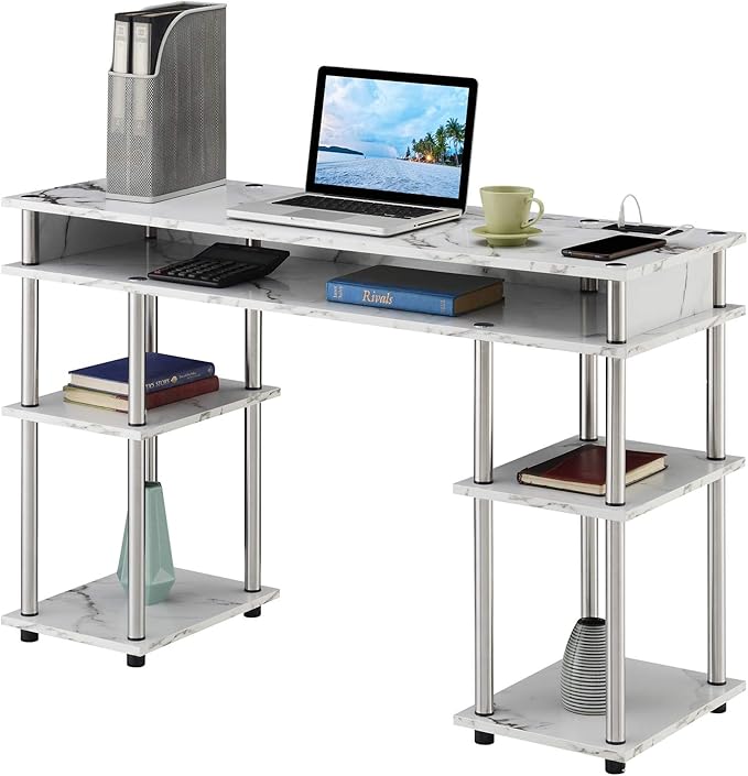Convenience Concepts Designs2Go No Tools Student Desk with Charging Station and Shelves White Marble